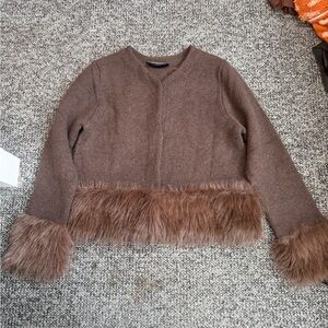 Zara Chocolate Brown Faux Fur Trim Knit Cardigan